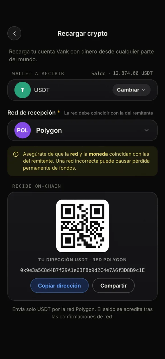 Vank App — Crypto: USDT, USDC, ETH and BTC from the same account.