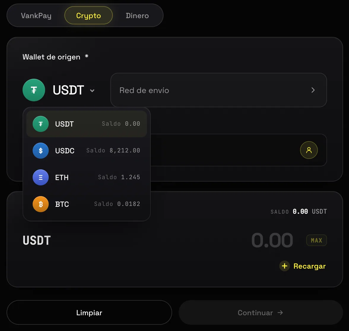 Envío de stablecoins en VANK: selecciona wallet de origen (USDT, USDC, ETH, BTC), red de envío y monto, todo desde un solo panel