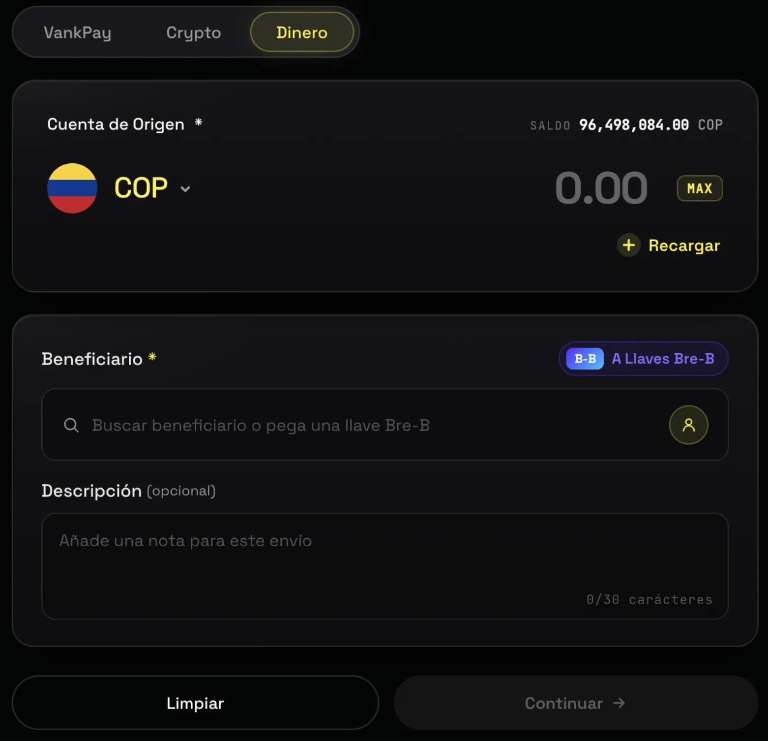 Envío de dinero en VANK: cuenta de origen COP y beneficiario por llaves Bre-B